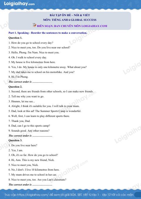 Bài tập Nói và Viết Tiếng Anh 6 - Global Success